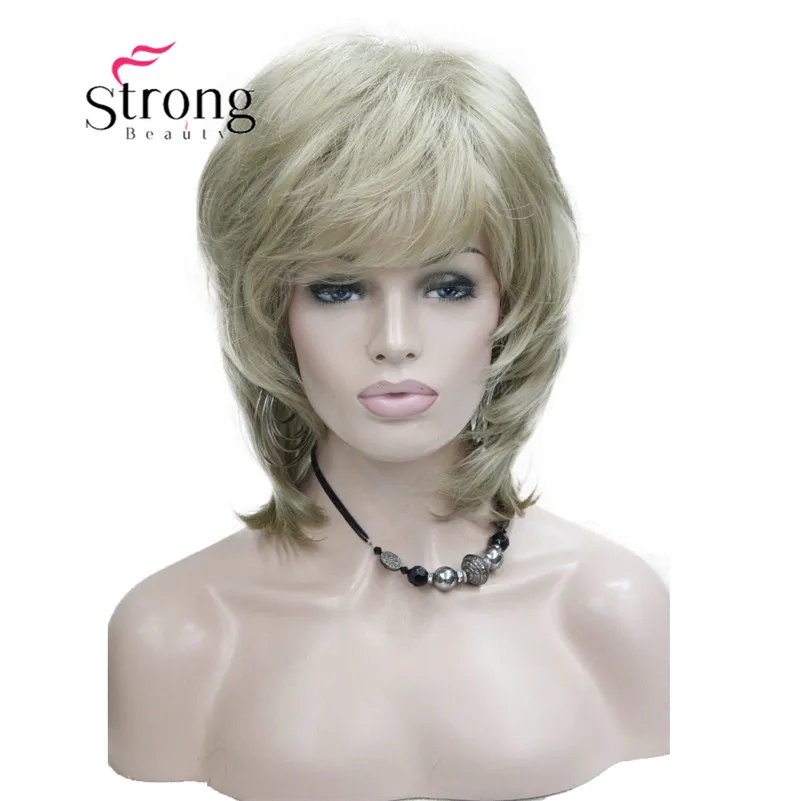 E-3008 #24 Elegant charming fluffy layer Light Blonde medium length wavy women's full wig (1)