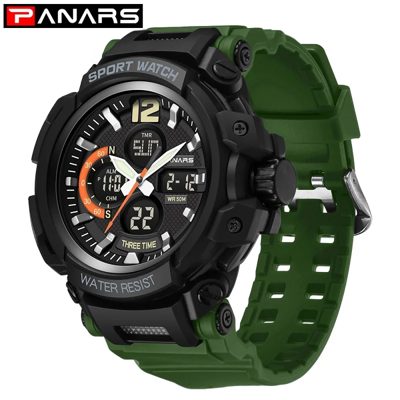PANARS часы Мужские Аналоговые кварцевые цифровые часы водонепроницаемые спортивные часы для мужчин силиконовый светодиодный Электронные военные часы Masculin - Цвет: 8205GR-OPP BAG