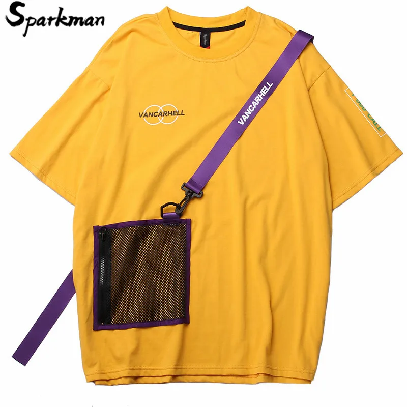 

2019 Men Harajuku T Shirt Zipper Pockets Swag Ribbon Hip Hop Streetwear T-Shirt Summer Short Sleeve Cotton Yellow Tshirt Hipster