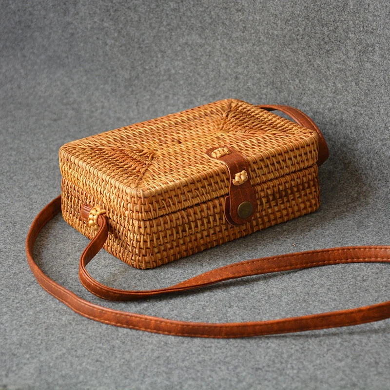 

Multi-purpose Makeup Rattan Round Crossbody Bag With Adjustable Genuine Strap Boho Women Storage Bags Organizer Toto