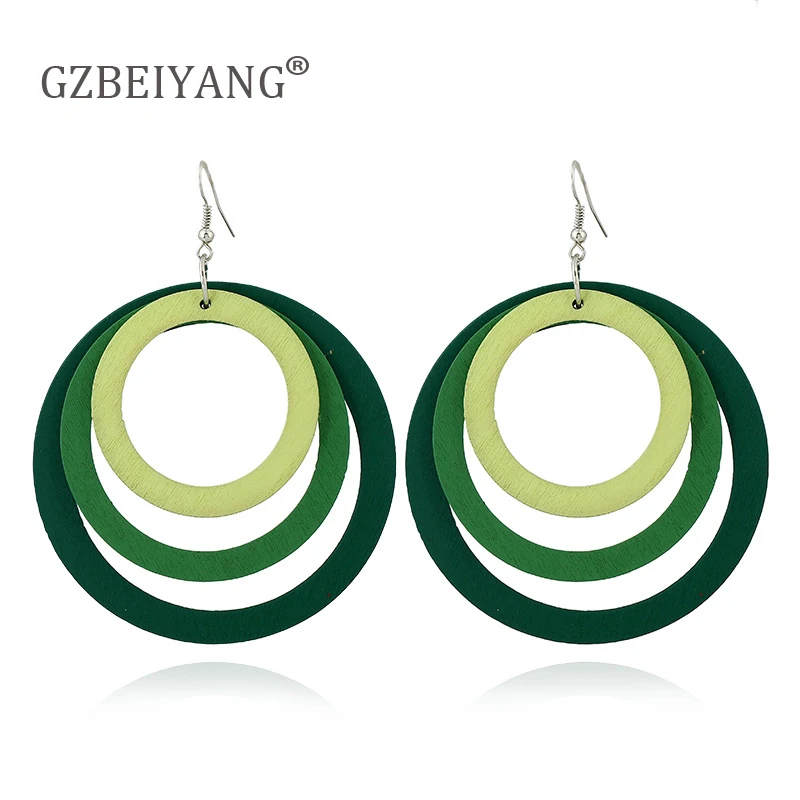 

GZBEIYANG Korean fashion wooden round multi-layer gradient hollow pendant earrings for boho sweet woman earrings gift