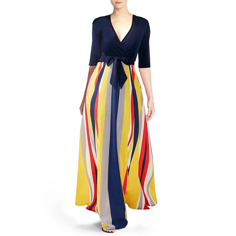 

High quality New Fashion Casual Dress Bohemia Long Maxi Summer Beach Dress Vintage Women Dress Plus size Striped Print Dress