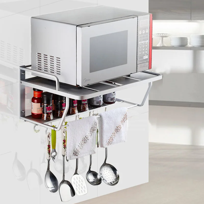  Space Aluminum Microwave Oven Bracket Wall Mounted Kitchen Rack Light Grate 2 kitchen Shelf Microwa - 32865438708