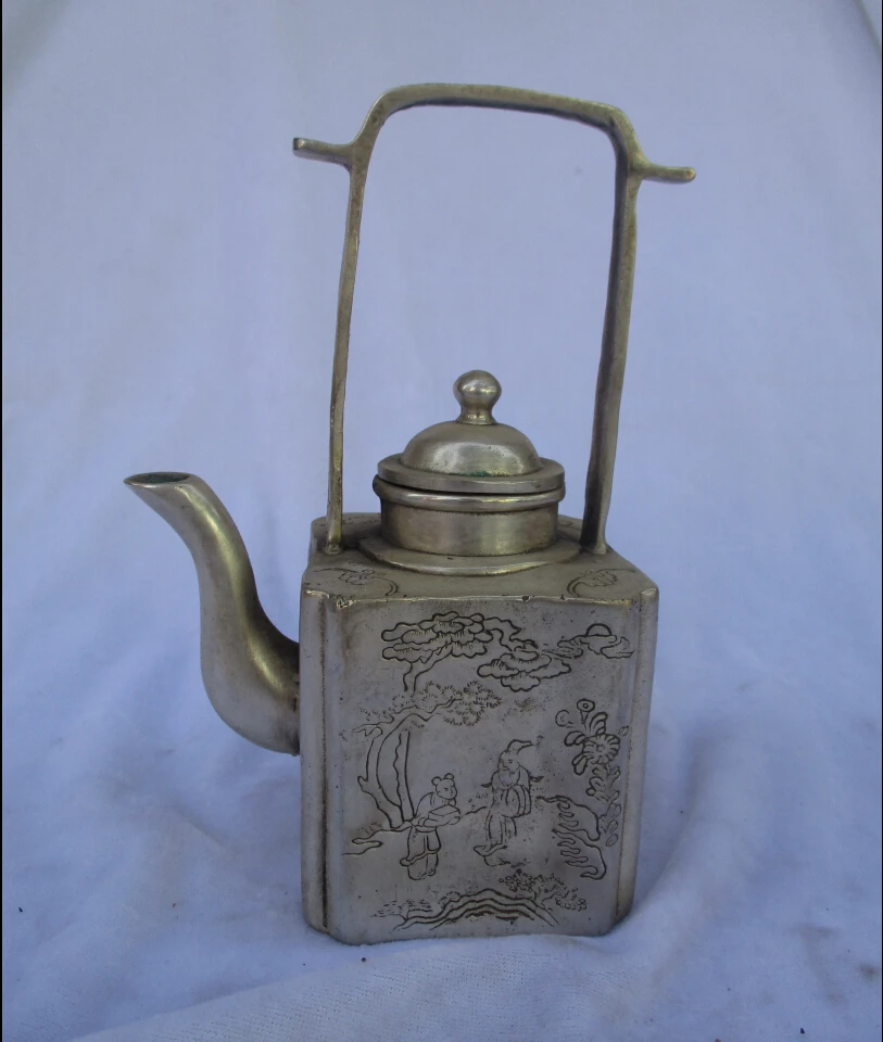 

Collectible Decorated Old Handwork Tibet Silver Carved Handle Teapot/Flagon fast shipping 000010