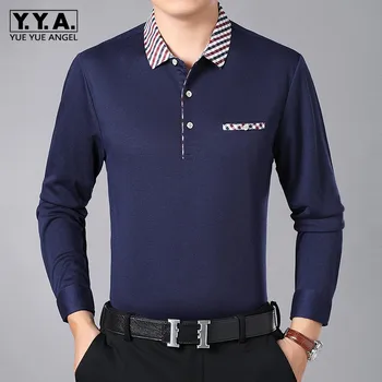 

Spring Autumn Men Long Sleeve T-shirt Lapel Collar Business Man Casual Slim Fit Tops Father T-shirts Pullover Tees Solid Color