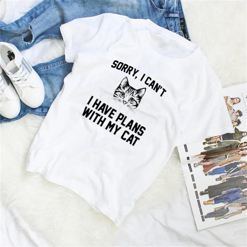 Необычно извините, я не могу у меня есть план с моей кошкой рубашки для женщин со смешным говорящим котом футболка Графические Рубашки Китти футболки Мяу