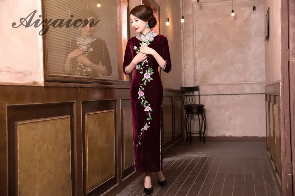 Длинный зеленый Pleuche традиционный Qipao Для женщин китайские Cheongsams бархат Vestido Oriental блестки вышивает платье Ци Ципао