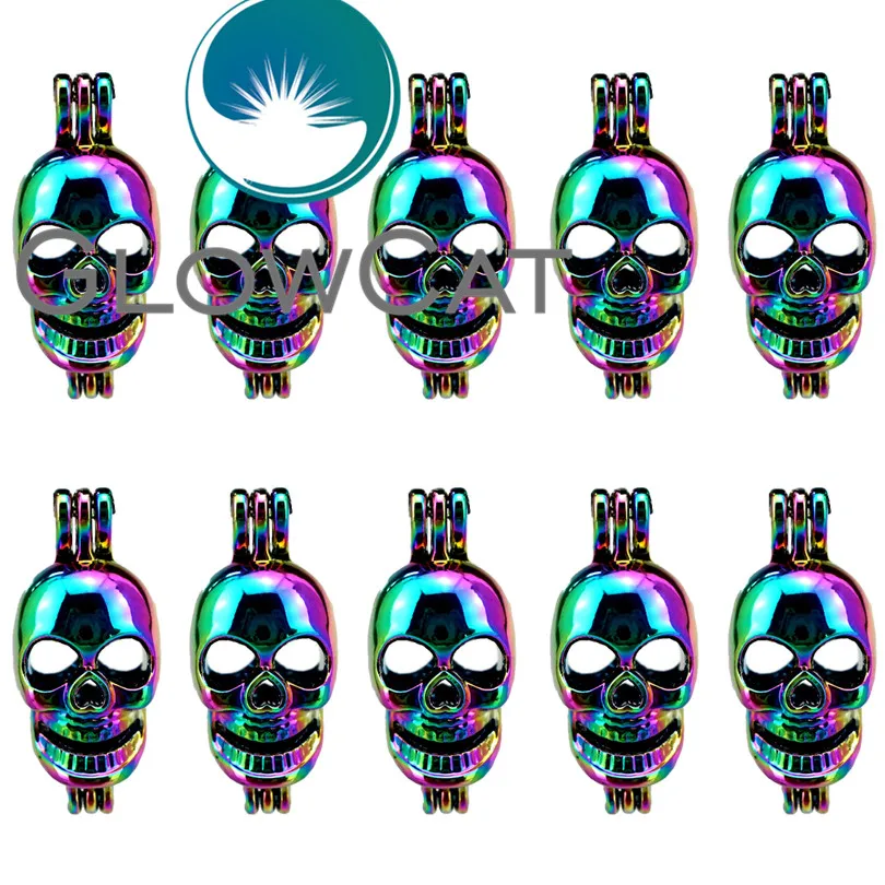 10x C60 Rainbow Punk Skull Beads Cage Jewelry Making