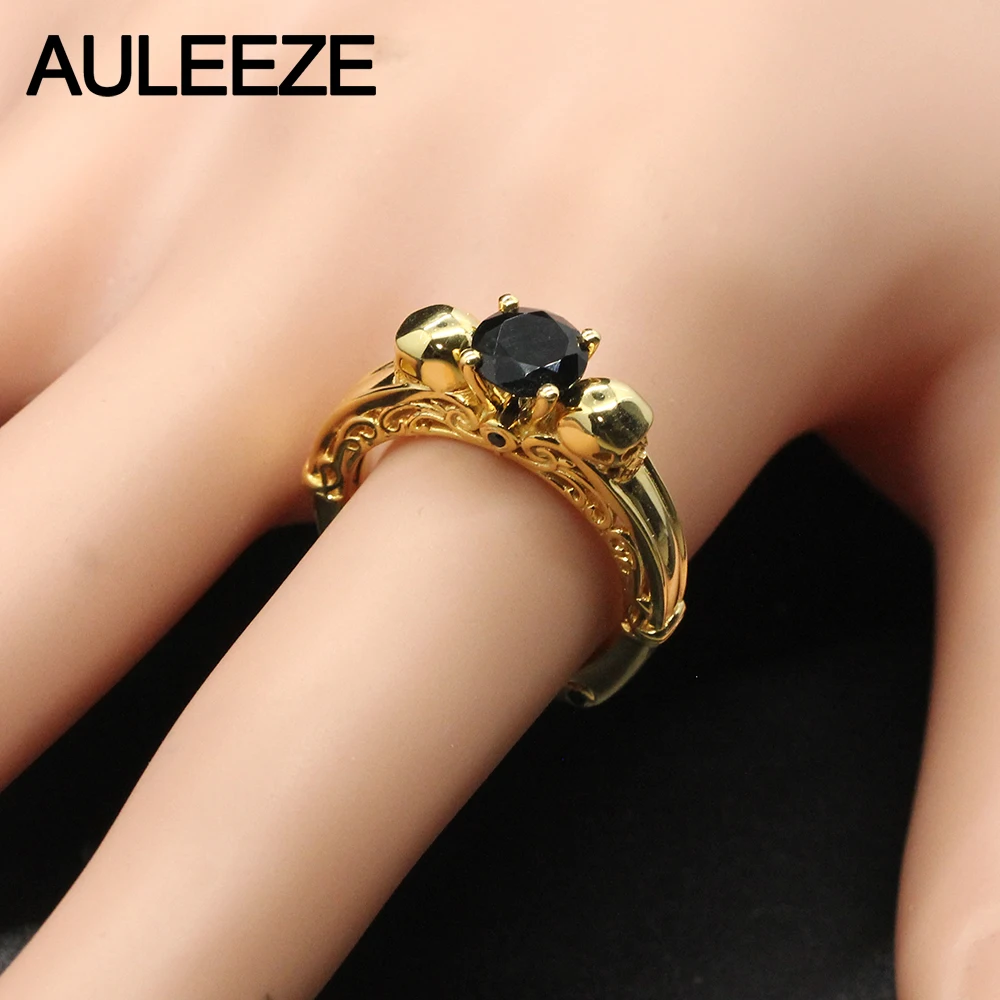 Halloween Double Skull Natural Black Agate Engagement Ring Solid 10K Yellow Gold Real Gemstone Ring Vintage Filigree Onxy Ring