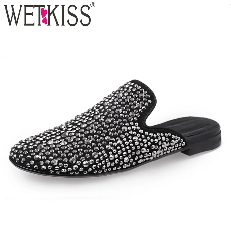 

WETKISS Kid Suede Women Slippers Round Toe Footwear Casual Slides Stud Shoes Woman Rivet Female Mules Shoes Woman Spring 2019