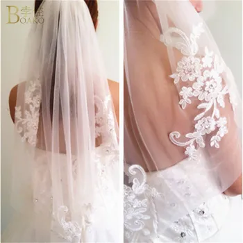 

BOAKO One Layer Short Tulle Wedding Veils With Comb White Ivory Waist Length Beaded Diamond Appliqued Bridal Veil Veu de Noiva