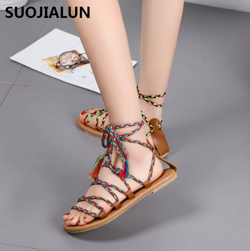 

2019 Women Summer Straps Roman Lace-Up Sandals Beach Slippers Slat Bottom Retro Casual Slides Outsides Shoes