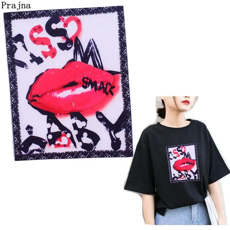

Prajna Red Lip Patches 3D Kiss Letters Stickers On Clothes Applique Sewing On Patches For Clothing T-shirt Jeans Creative Style