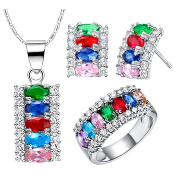 

925 NEW suits Red green blue zircon crystal suit pop long I crystal suit Pendant necklace Earrings ring sterling--jewelry