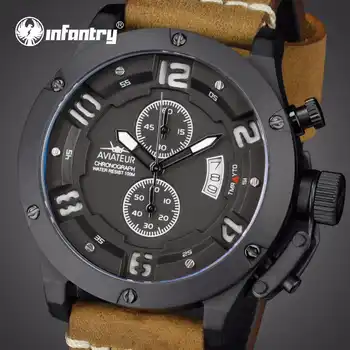 INFANTRY Mens Watches Top Brand Luxury Aviator Military Watch Men Genuine Leather Waterproof 100m Chronograph Watches for Men