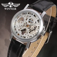 Известный бренд WINNER WRL8005M3S1 механический серебряный цвет женские наручные часы черный кожаный ремешок