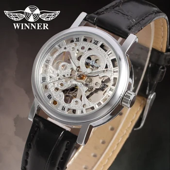

Famous brand WINNER WRL8005M3S1 new Mechanical silver color ladies wristwatch black leather strap shipping free