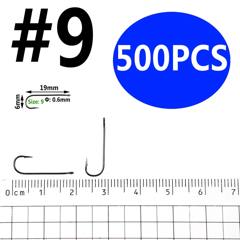 size9 500pcs Bimoo 500 шт. Абердин длинный хвостовик рыболовный крючок для соленой воды пресноводные крючки Сабики Риг Стример Летать Крючок Размер 10 4 2 2/0 - Цвет: size9 500pcs