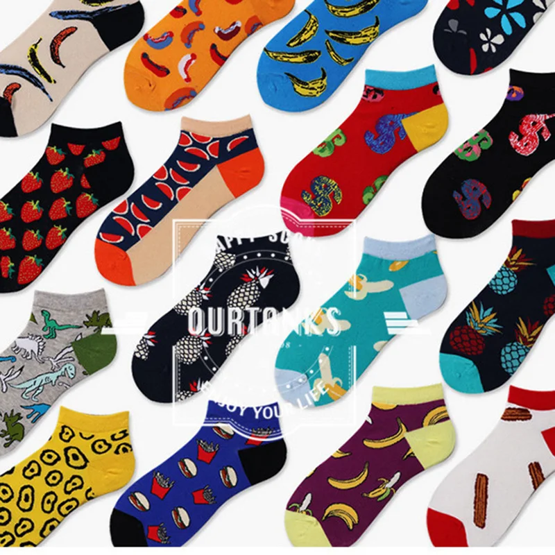 

SP&CITY Summer Cartoon Patterned Men Invisible Short Socks Harajuku Funny Fruits Casual Thin Boat Socks Breathable Hipster Sox