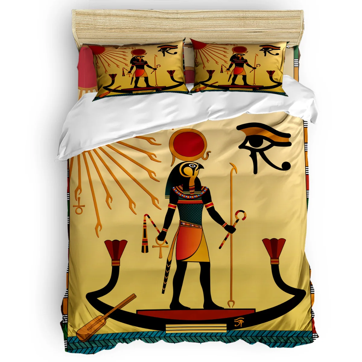 

Ancient ReligionEgypt Sun Decor Duvet Cover Set Arab Pyramid Mysterious Pictograph Design Print 4 Piece Bedding Set Twin Queen