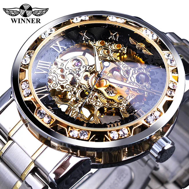 Победитель Золотой часы с костями Роскошные Алмаз дизайн серебро Нержавеющая сталь для мужчин механические наручные часы световой мужск - Цвет: S1089-2