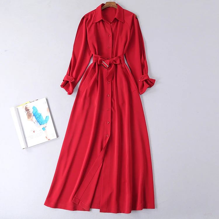 Высокое качество Мода дизайнер Подиум Платье женское Lomg рукав однобортный пояс рубашка воротник Красное Макси длинное платье