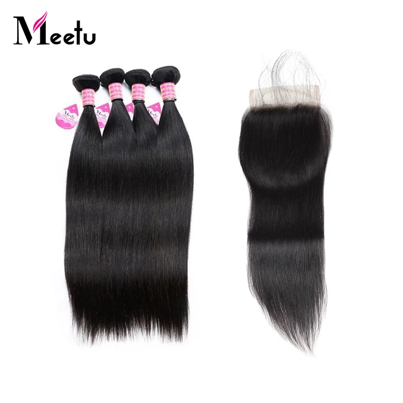 

Meetu 4 Bundles Straight Human Hair Weave With Closure Non Remy Malaysian Hair Bundles with Closure Can Be Dyed Free Shipping
