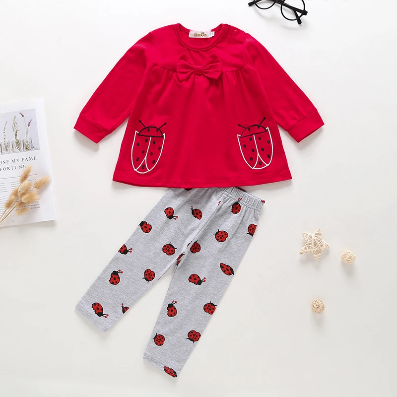 

Baby girl clothes 2019 new spring and autumn girl cute small pleated round neck long sleeve cotton butterfly pants 2 piece suit