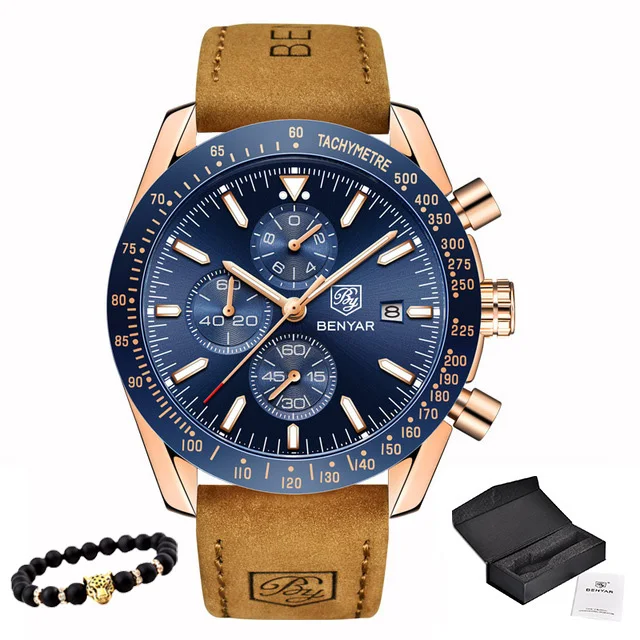 Мужские часы Benyar Модные кварцевые мужские часы водонепроницаемые военные спортивные часы мужские повседневные кожаные часы с хронографом Relogio Masculino - Цвет: Brown Gold blue