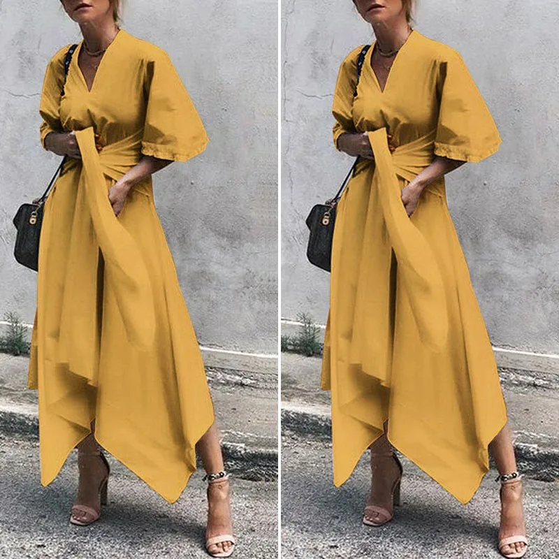

Women Sexy V-Neck Irregular Hem Bell Sleeve Evening Party Club Casual Dress