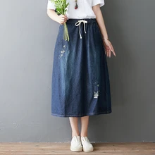 Японский Mori Girl; Винтажный стиль ретро хиппи бохо Вышивка Кот деним синий хлопок эластичный пояс карман Женская юбка весна осень