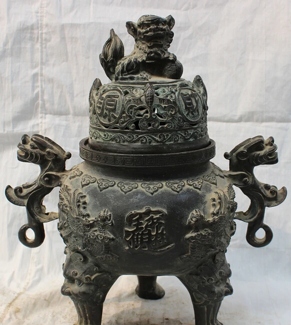 

JP S0610 12" Chinese Old Bronze Dragon Lion PiXiu Beast Statue God Incense Burner Censer