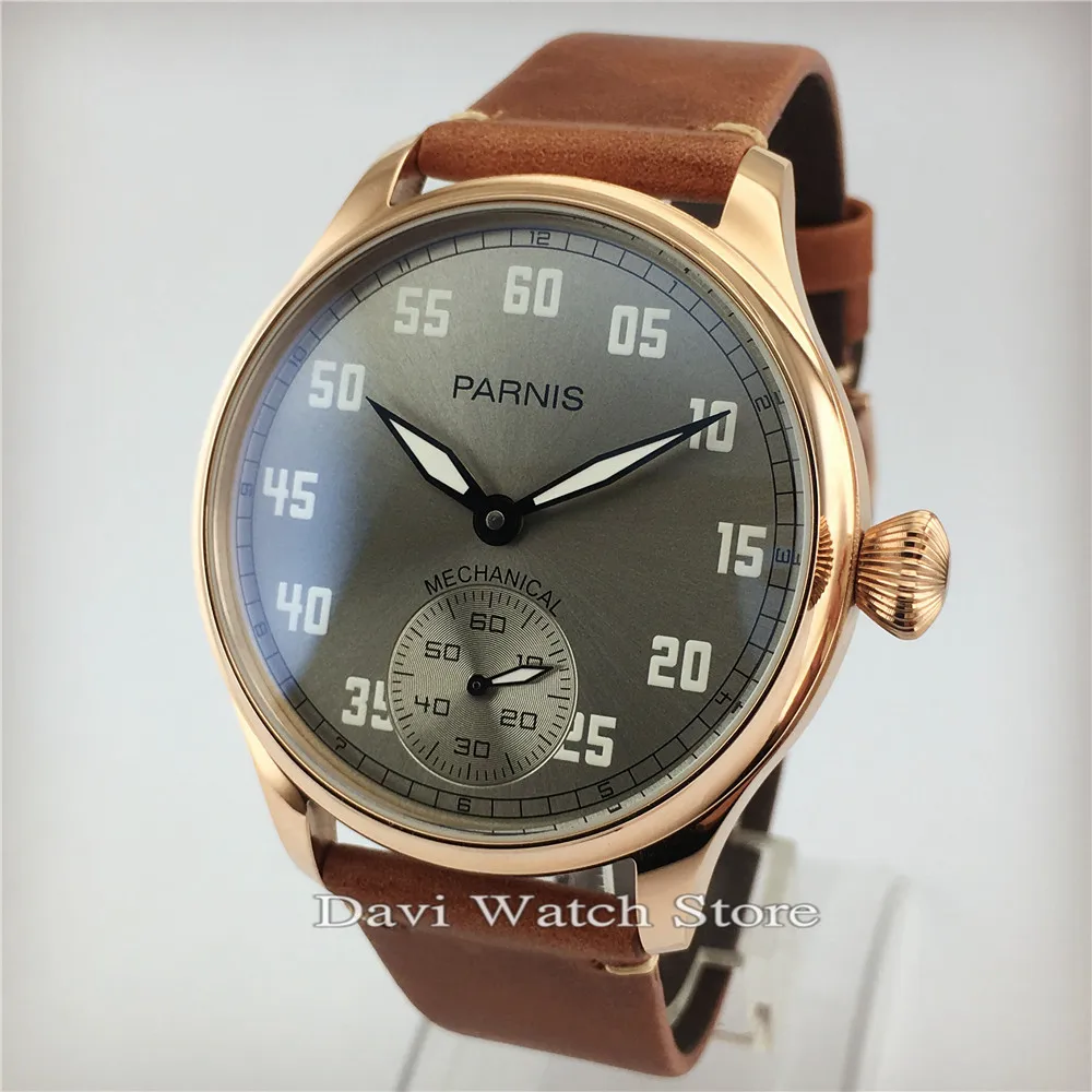 

44mm PARNIS Cow Leather Strap Rose Gold Case Seagull 6497 Hand Winding Movement Mens Watch