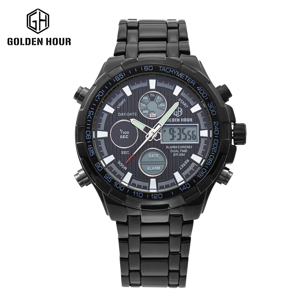 

GOLDENHOUR Stainless Steel Men Wristwatch Waterproof Military Sport Watches Top Luxury Brand Quartz Watches Men Digital Clock