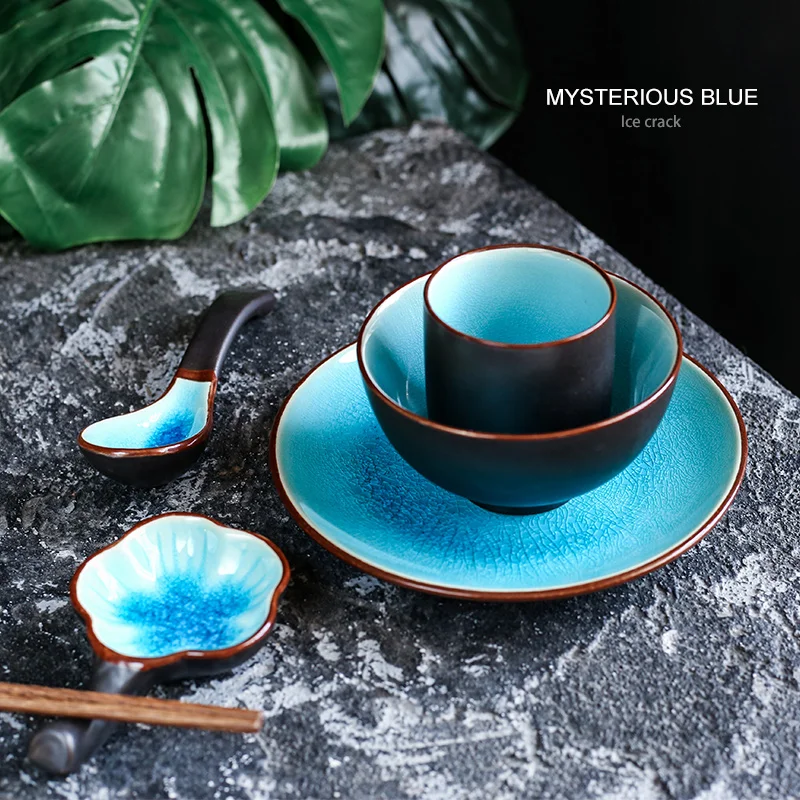 

KINGLANG 5pcs/Set Ceramic Rice Bowl Crackle Glazed Tableware Set Tea cup Dining Room Plate Table Set HOTEL supplies