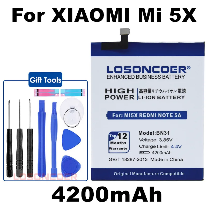 

LOSONCOER BN31 5000mAh Battery for Xiaomi Mi 5X Mi5X / Redmi Note 5A 5A pro Batteries for For Xiaomi Mi A1 / Redmi Y1 Lite