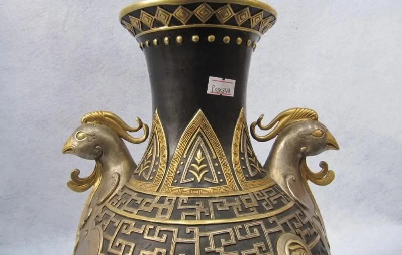 

Chinese Royal Palace 100% Pure Bronze 24K Gold Gild Two Ears Bird Zun Pot Vase