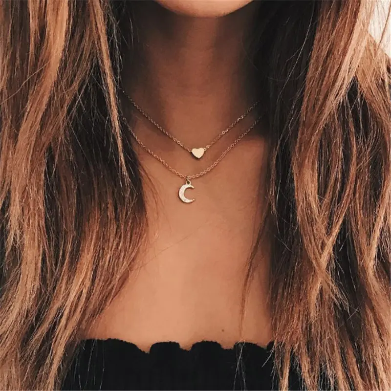

New Hot Trendy Women Jewelry Moon Love Heart Necklace Simple Small Gold Pendant Necklace Layered Kolye Boho Collier Party Gifts