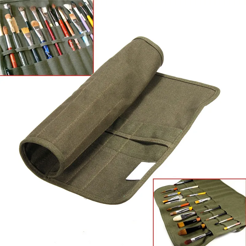 

Modern Roll Up Canvas Paint Brush Bag Cases For Artist Draw Pen Watercolor Oil Brush Army Green School Arts Supplies 41 x 33cm