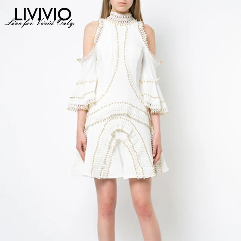 

[LIVIVIO] Off Shoulder Beading Dress Female Turtleneck Hollow Flare Sleeve Mini Dresses Women 2019 Spring Summer Sexy Fashion
