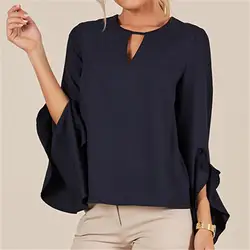 Весенняя женская блузка с круглым вырезом и рюшами, Асимметричная рубашка с длинными рукавами, женские блузки Siold цвета, топы, Офисная