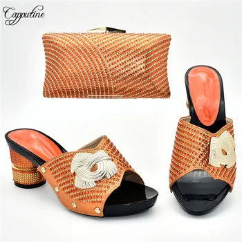 

Wonderful wedding orange with stones pattern sandal shoes and purse bag set for lady 388-6, heel height 7cm