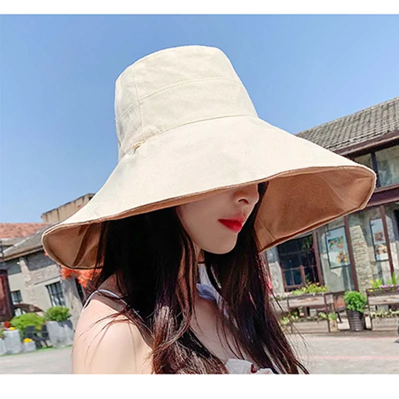 DRESSUUP Lady Summer Beach Wide Brim Fisherman Hat Women Fashion Cotton Linen Double sided Plain Bucket Hat