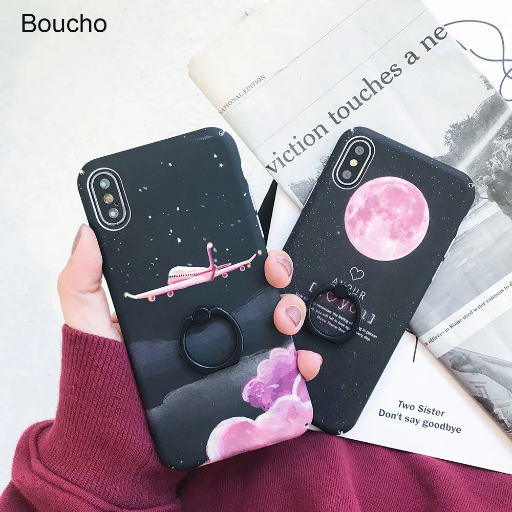 

Boucho Classic Gradient Graffiti Cover For iphone X 7 8 6 6S Plus Case Gradient Stars Sky of the Moon Hard Phone Cases