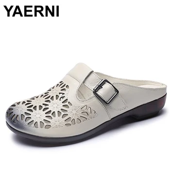 

YAERNI Summer Shoes Woman Genuine Leather Soft Outsole Closed Toe Sandals Women Flat Shoes Fashion Hollow Women Sandal Slippers