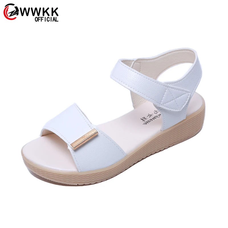 

WWKK Woman Sandal Summer PU Wearproof shoes New Fashion Platform Non-slip Increased Soft Comfortable Peep Toe Solid Lady Casual