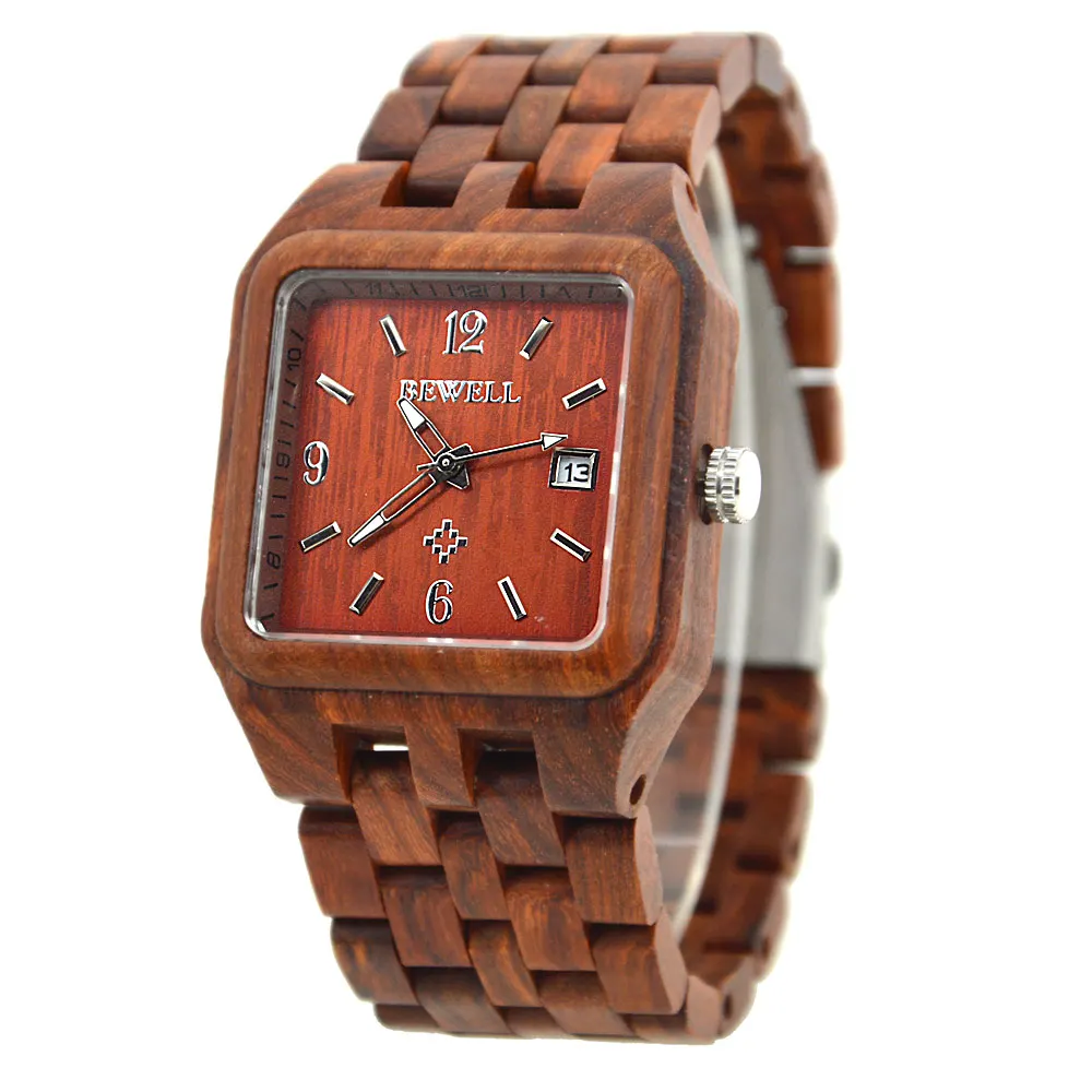 BEWELL 111A черные прямоугольные кварцевые деревянные часы для мужчин деревянный квадратный циферблат Авто Дата коробка часы для мужчин роскошный бренд Relogio Masculino - Цвет: red