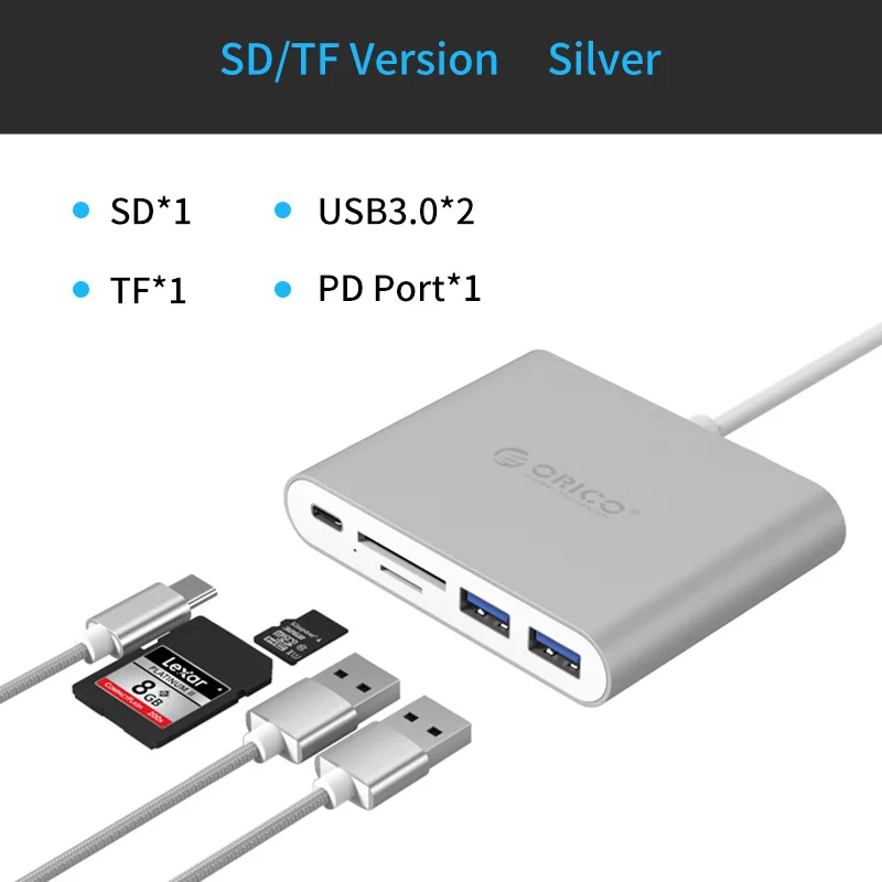 ORICO USB HUB Кабель-Переходник USB C на HDMI RJ45 VGA Тип-C PD адаптер для Mac/samsung Galaxy/huawei Тип C USB 3,0 концентратор - Цвет: RCC2A-Silver