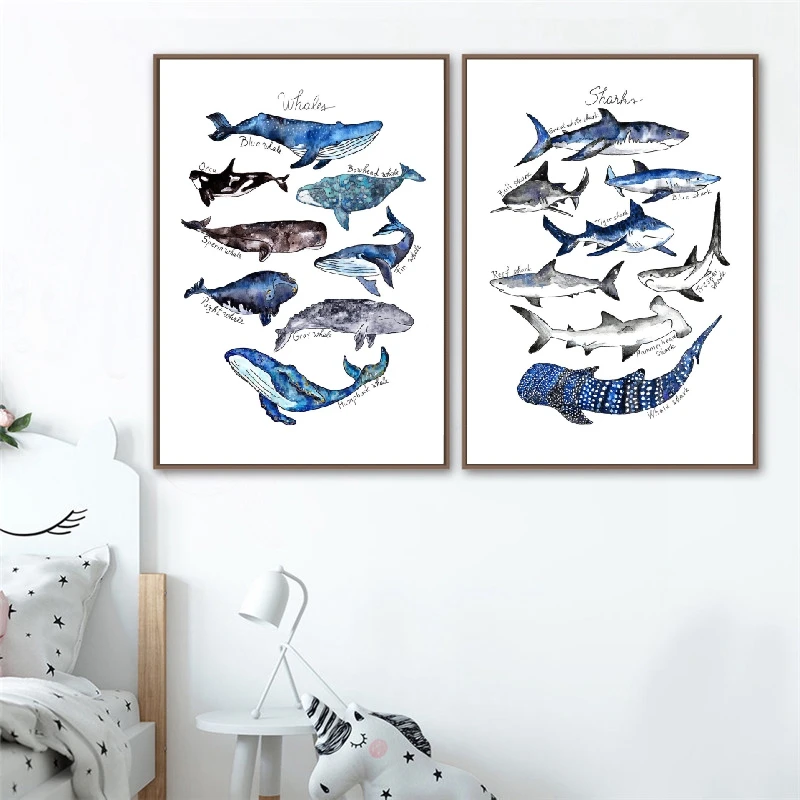 

Watercolor Whale Print Nursery Wall Art Canvas Painting Shark Poster Beach Nautical Wall Picture Decor Kids Room Wall Decoration