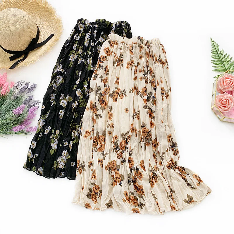 

AcFirst Black Women Skirt Women High Waist Pleated Long Skirt Mid-Calf Skirt Plus Size Casual Flower Printed Chiffon Skirts